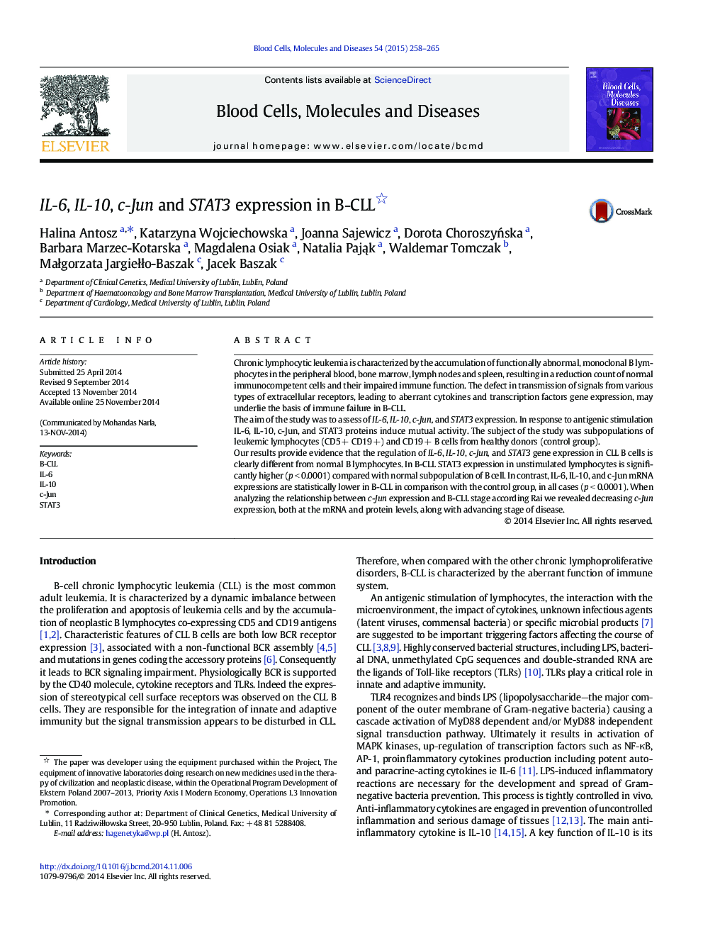 IL-6, IL-10, c-Jun and STAT3 expression in B-CLL 