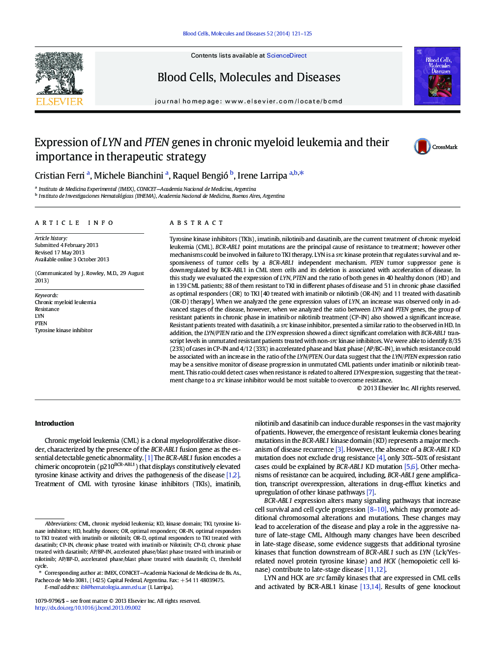 Expression of LYN and PTEN genes in chronic myeloid leukemia and their importance in therapeutic strategy