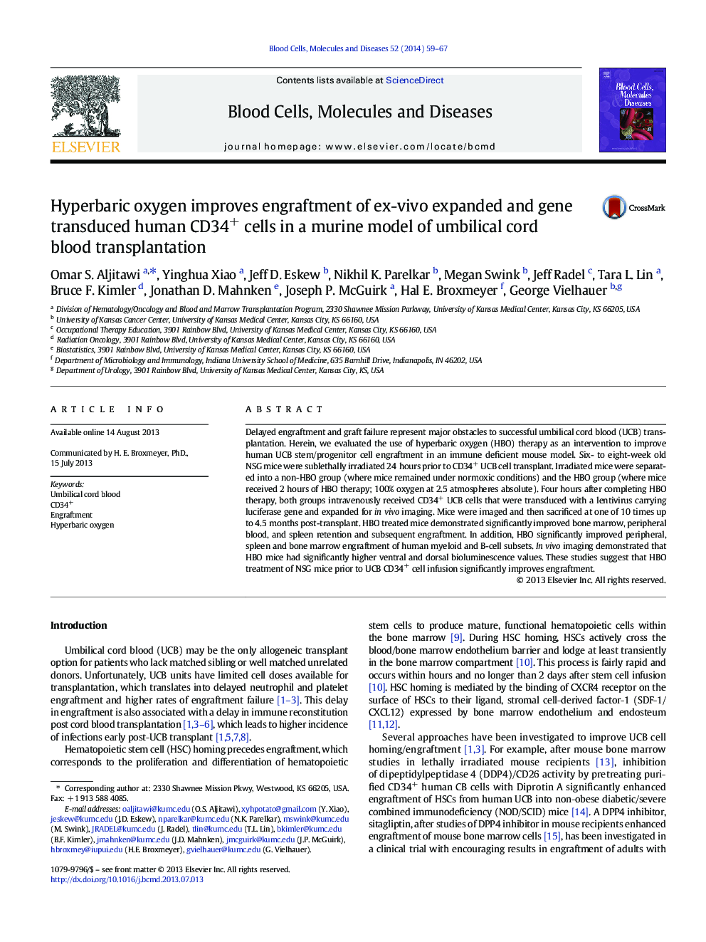 Hyperbaric oxygen improves engraftment of ex-vivo expanded and gene transduced human CD34+ cells in a murine model of umbilical cord blood transplantation