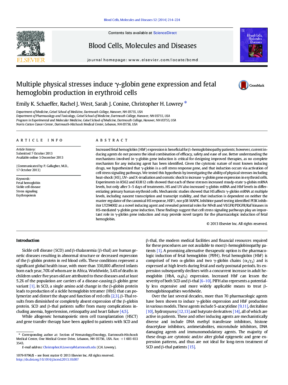 Multiple physical stresses induce γ-globin gene expression and fetal hemoglobin production in erythroid cells