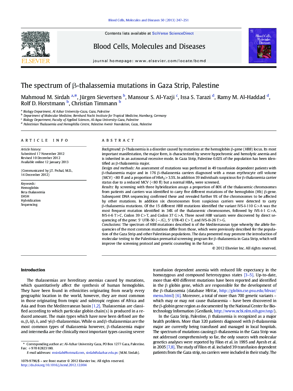 The spectrum of β-thalassemia mutations in Gaza Strip, Palestine