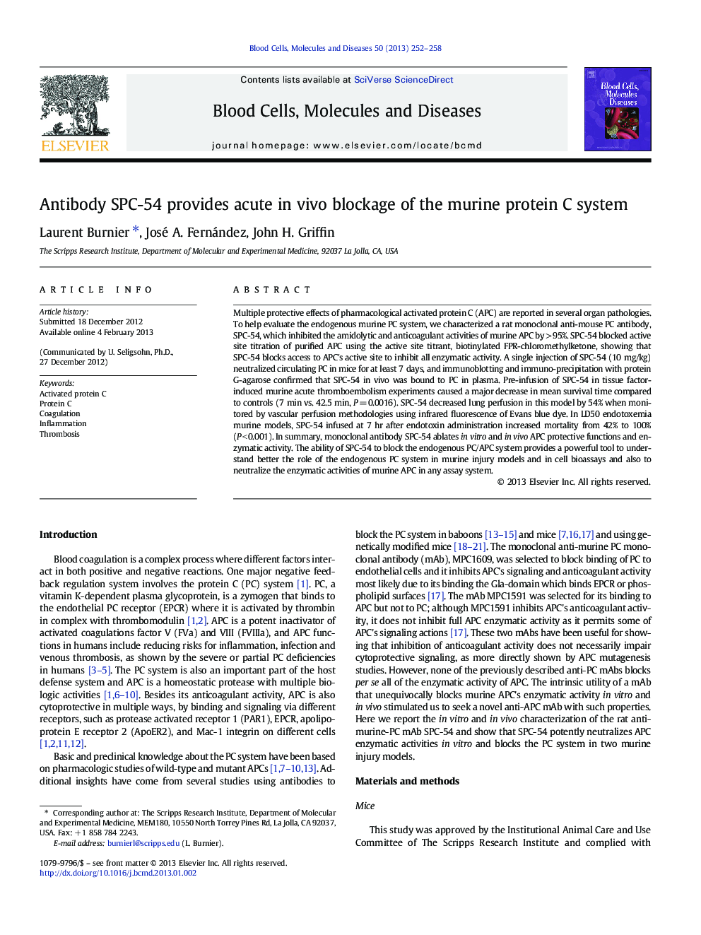 Antibody SPC-54 provides acute in vivo blockage of the murine protein C system