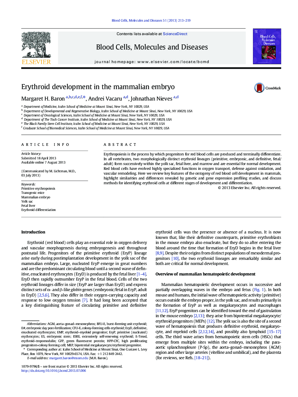 Erythroid development in the mammalian embryo