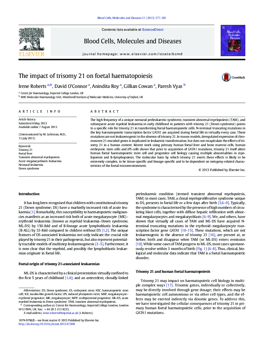 The impact of trisomy 21 on foetal haematopoiesis