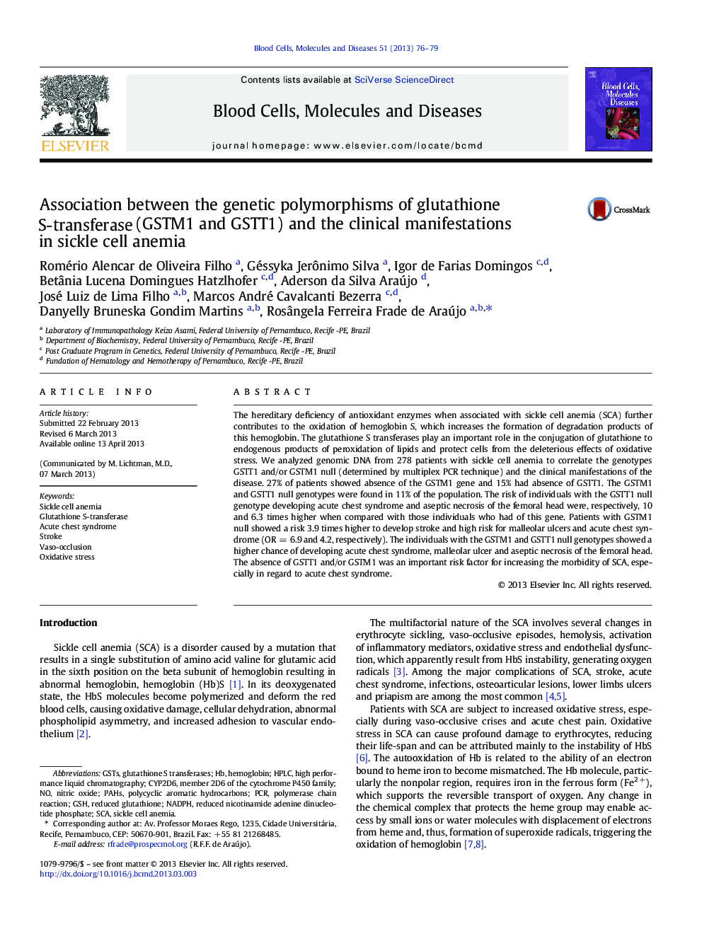 Association between the genetic polymorphisms of glutathione S-transferase (GSTM1 and GSTT1) and the clinical manifestations in sickle cell anemia