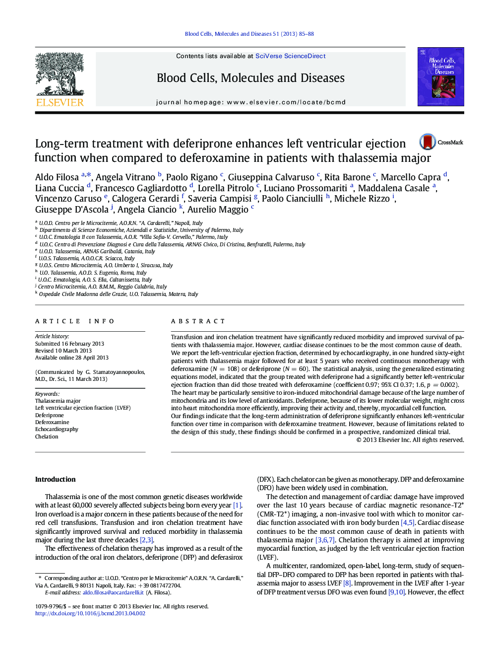 Long-term treatment with deferiprone enhances left ventricular ejection function when compared to deferoxamine in patients with thalassemia major