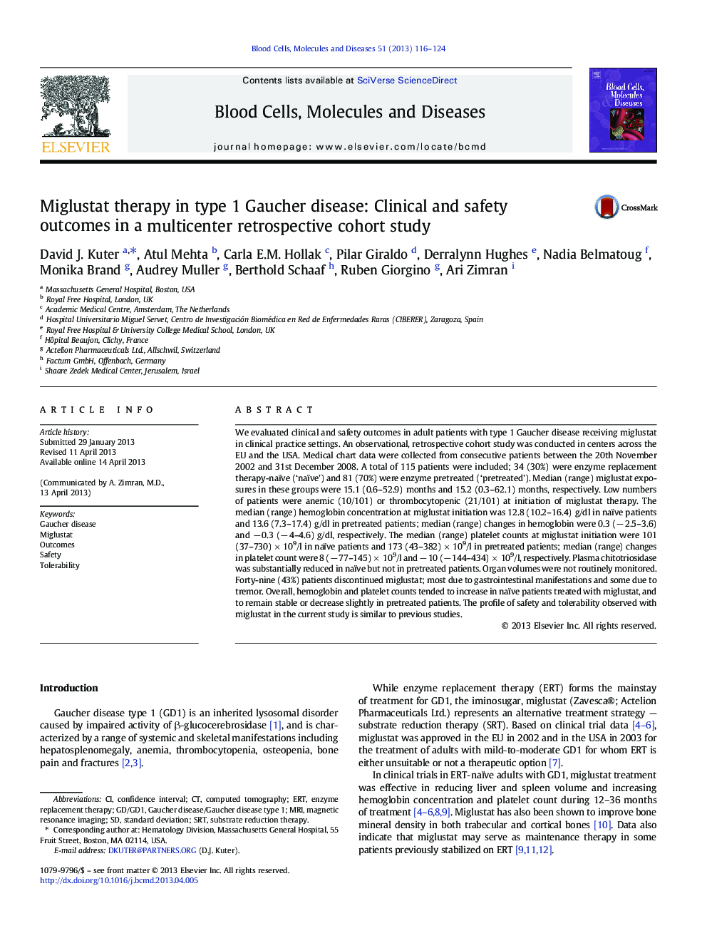 Miglustat therapy in type 1 Gaucher disease: Clinical and safety outcomes in a multicenter retrospective cohort study