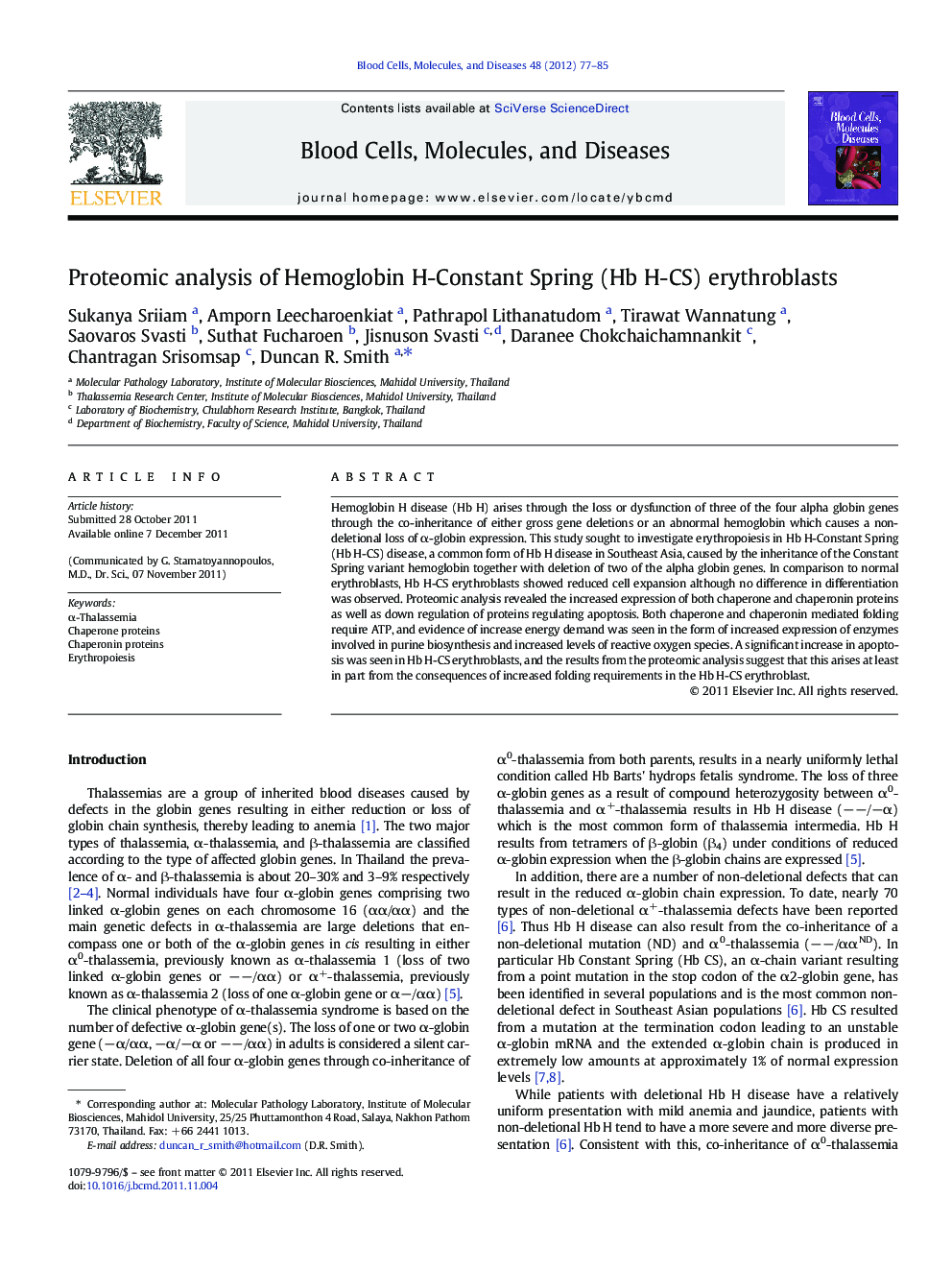 Proteomic analysis of Hemoglobin H-Constant Spring (Hb H-CS) erythroblasts