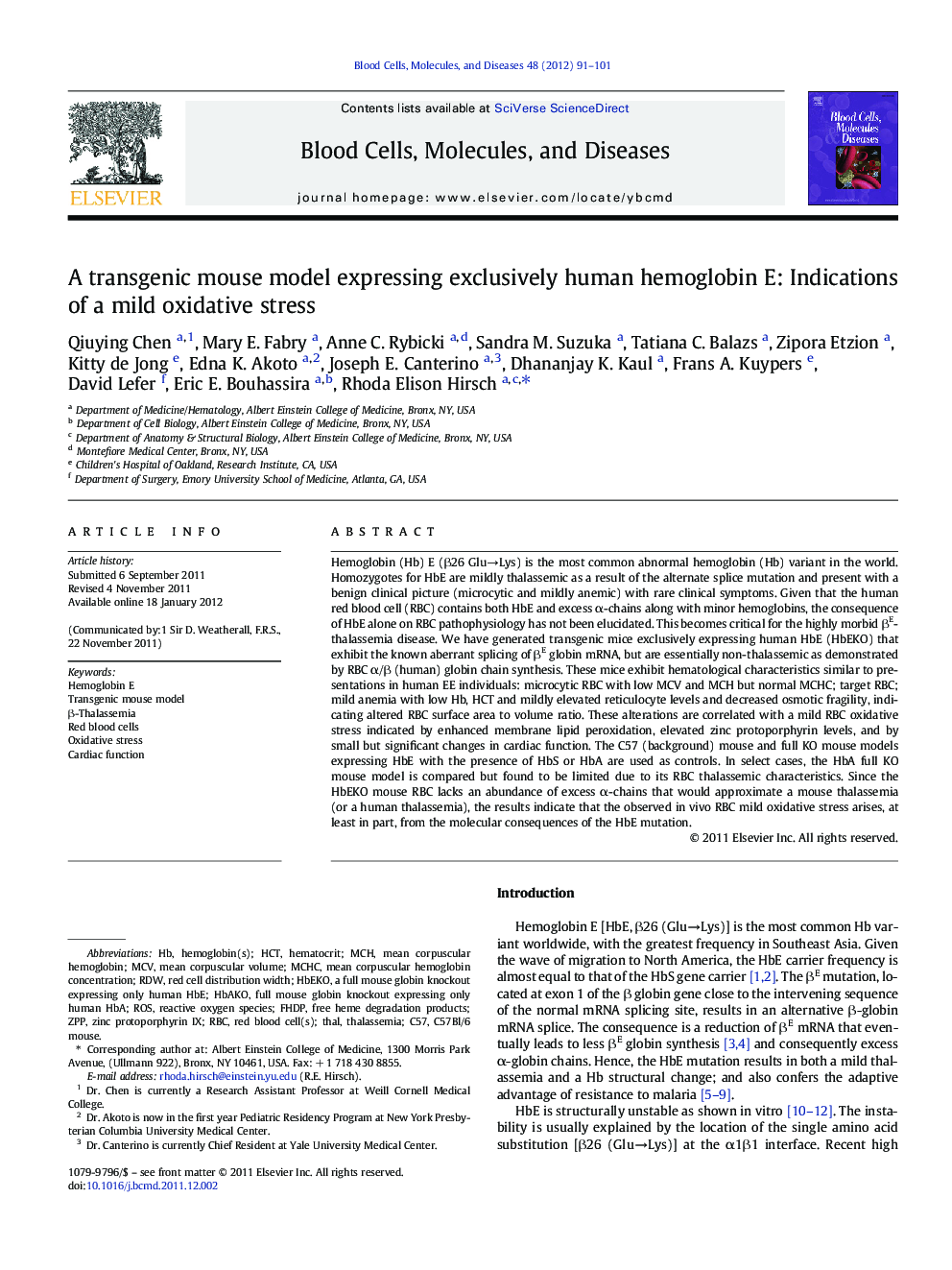 A transgenic mouse model expressing exclusively human hemoglobin E: Indications of a mild oxidative stress