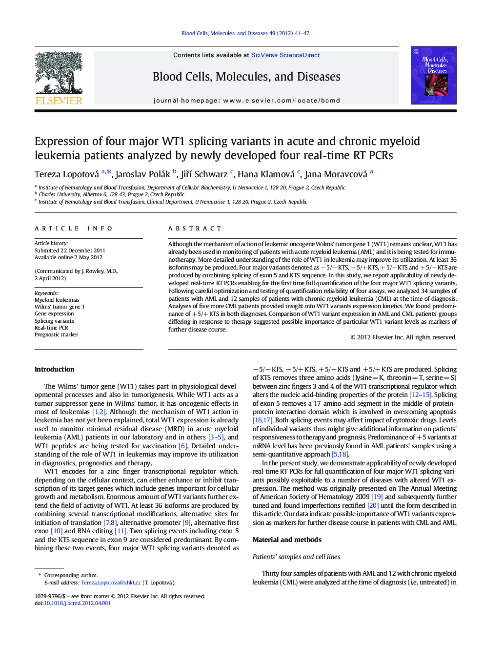 Expression of four major WT1 splicing variants in acute and chronic myeloid leukemia patients analyzed by newly developed four real-time RT PCRs