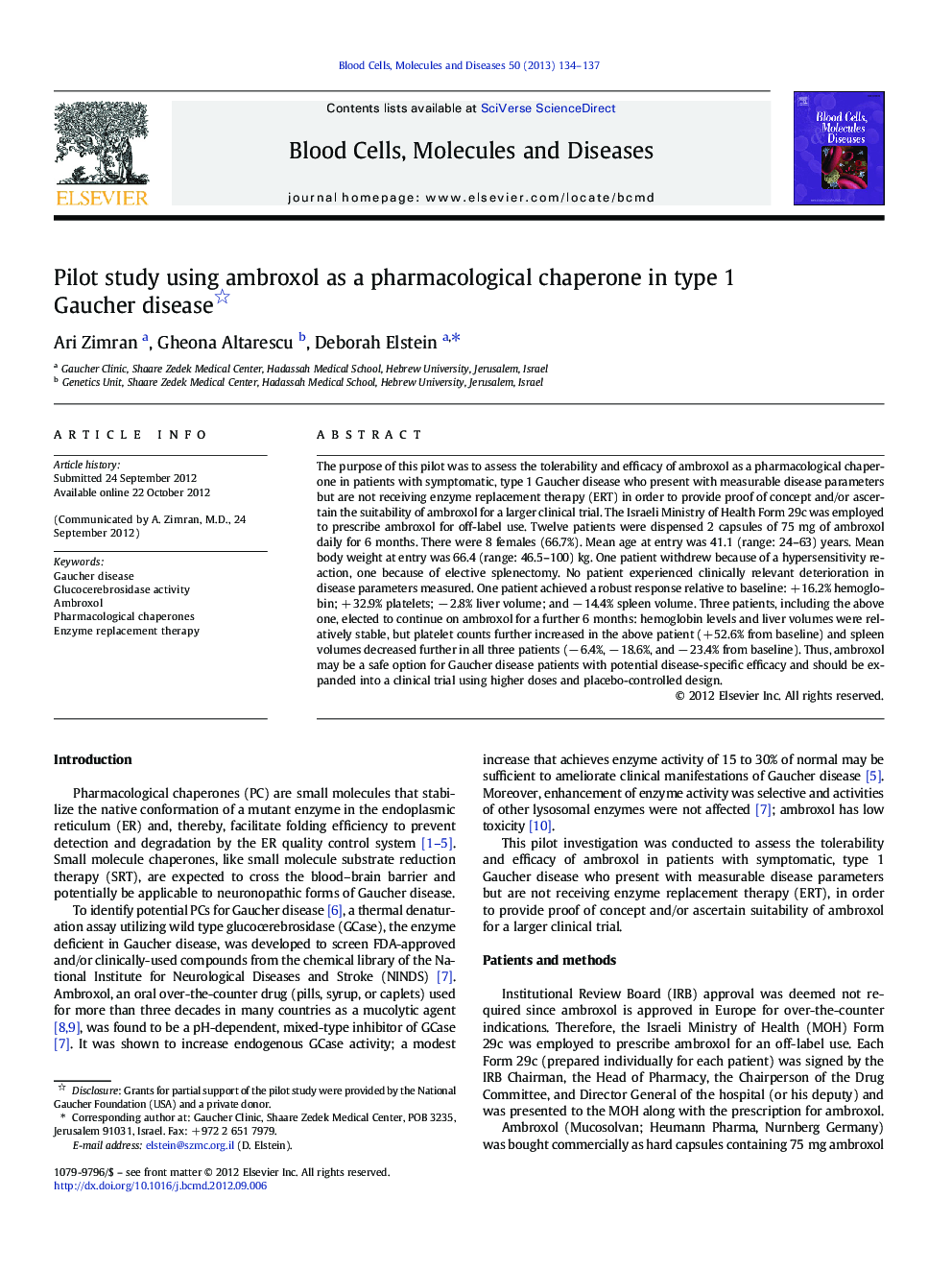 Pilot study using ambroxol as a pharmacological chaperone in type 1 Gaucher disease 