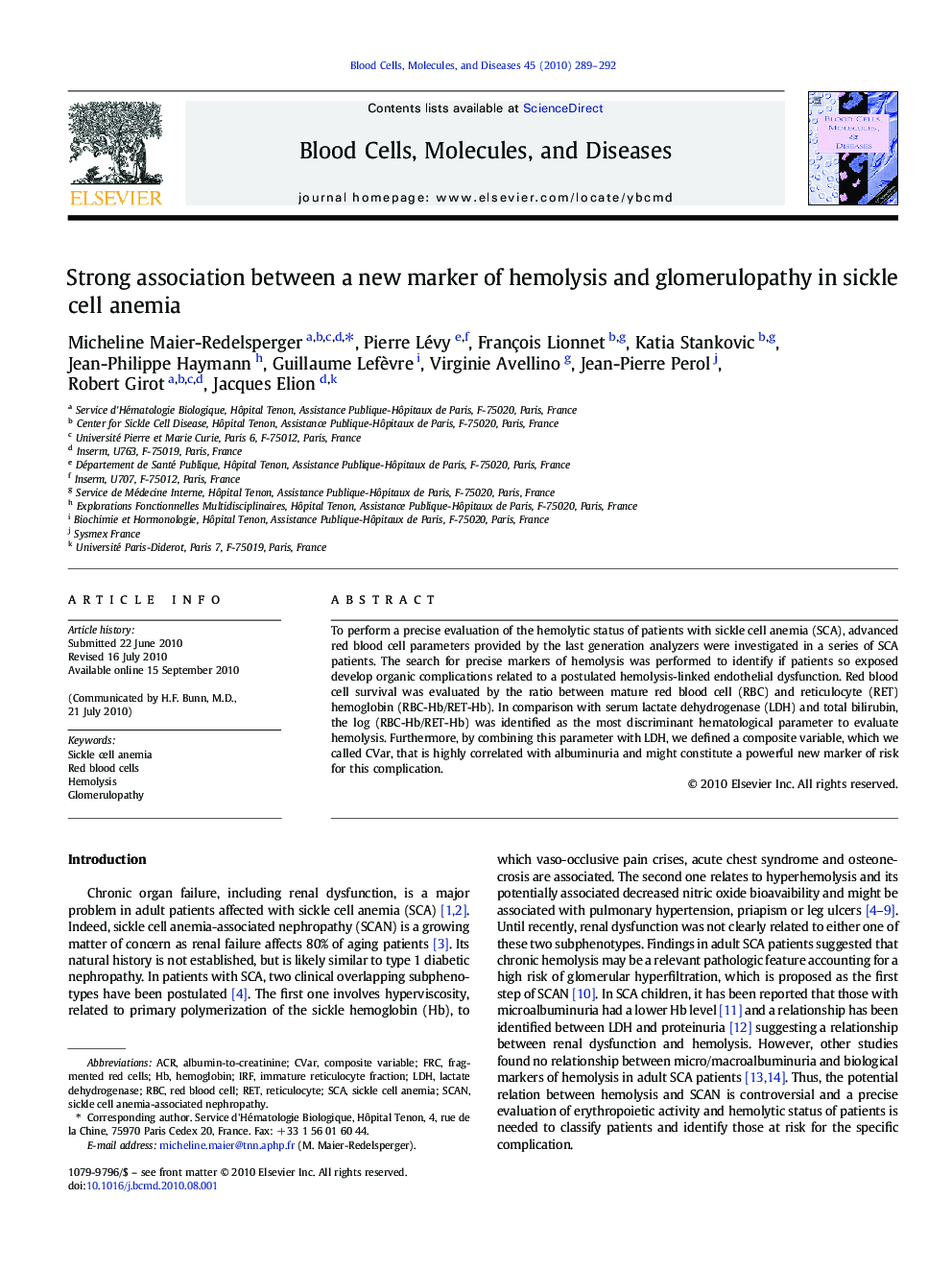 Strong association between a new marker of hemolysis and glomerulopathy in sickle cell anemia