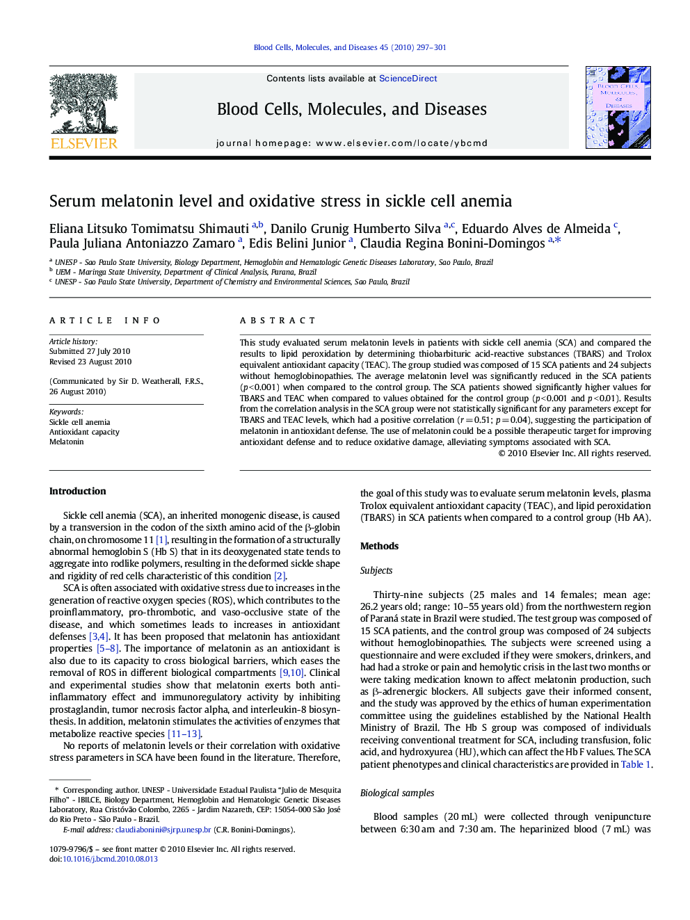 Serum melatonin level and oxidative stress in sickle cell anemia