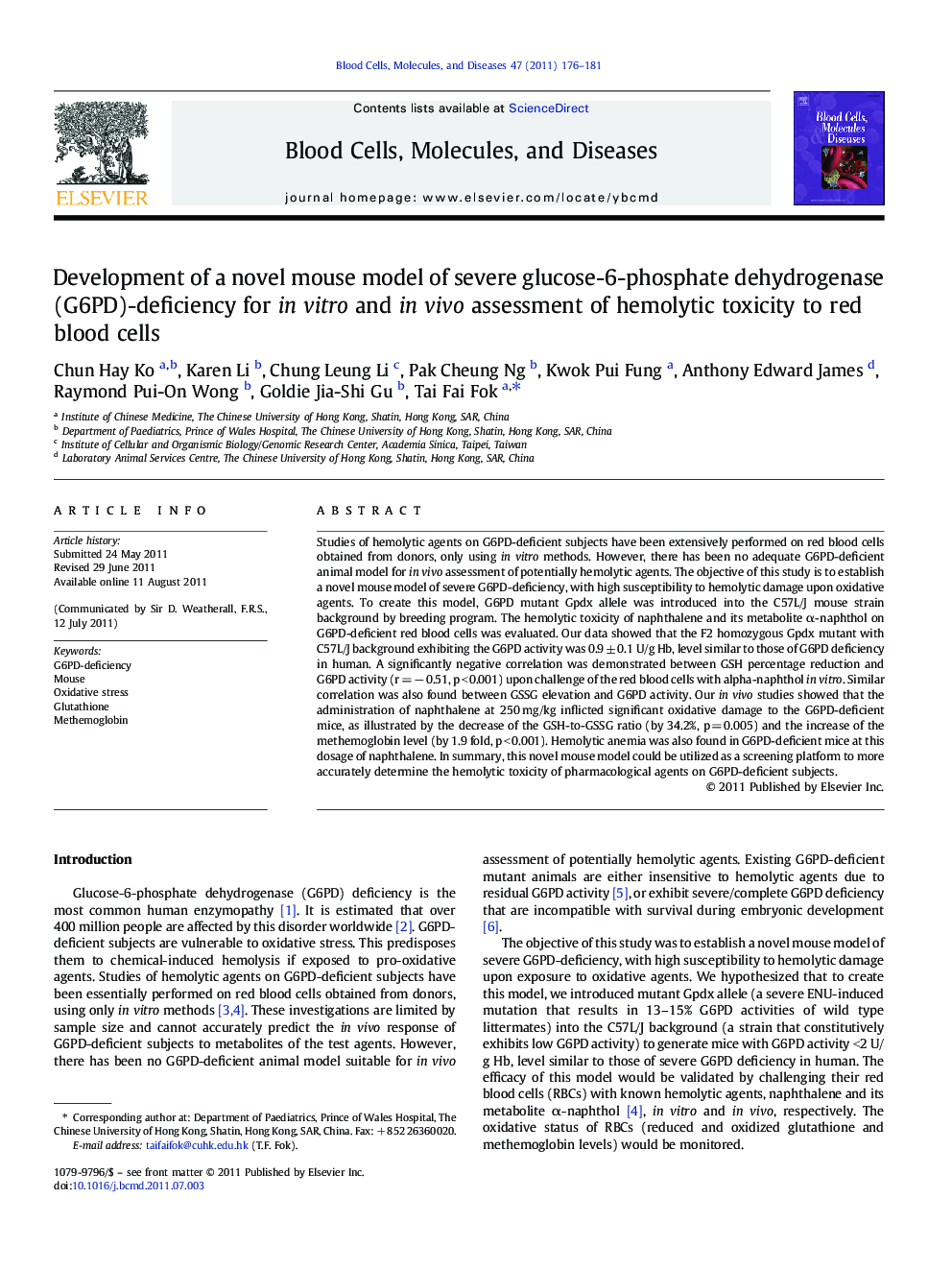 Development of a novel mouse model of severe glucose-6-phosphate dehydrogenase (G6PD)-deficiency for in vitro and in vivo assessment of hemolytic toxicity to red blood cells