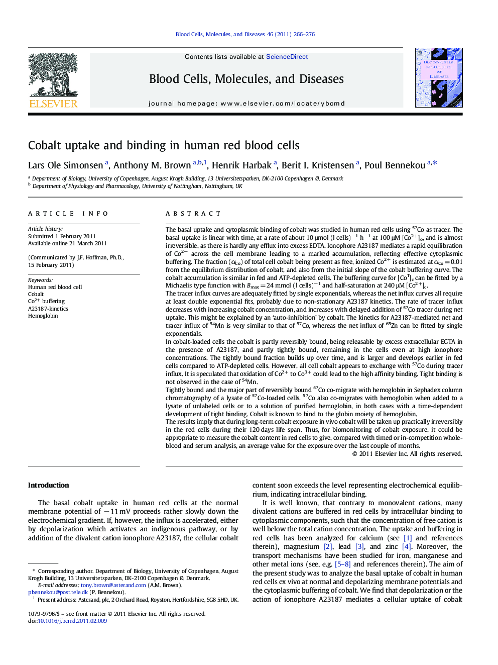 Cobalt uptake and binding in human red blood cells