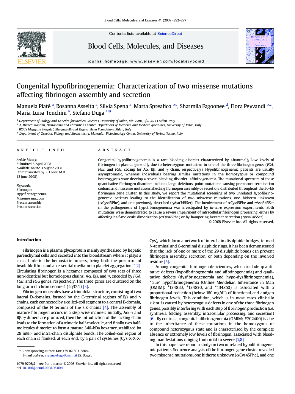 Congenital hypofibrinogenemia: Characterization of two missense mutations affecting fibrinogen assembly and secretion