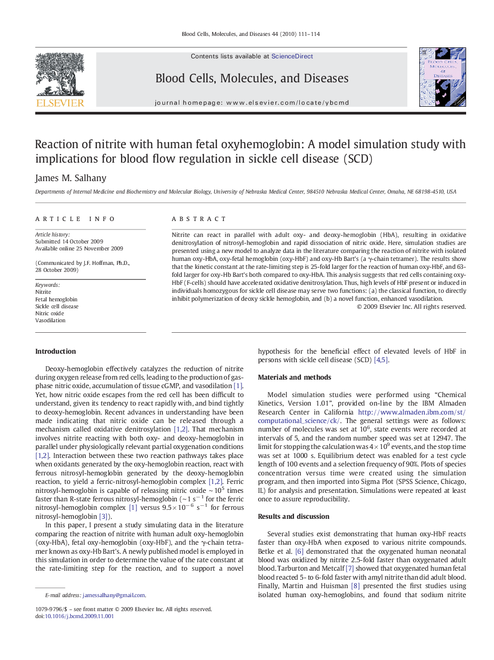 Reaction of nitrite with human fetal oxyhemoglobin: A model simulation study with implications for blood flow regulation in sickle cell disease (SCD)