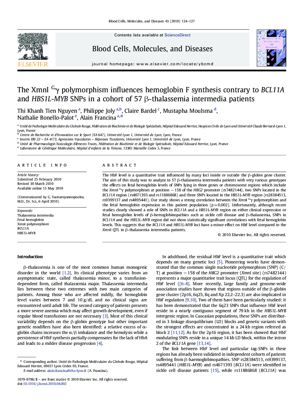 The XmnI Gγ polymorphism influences hemoglobin F synthesis contrary to BCL11A and HBS1L-MYB SNPs in a cohort of 57 β-thalassemia intermedia patients