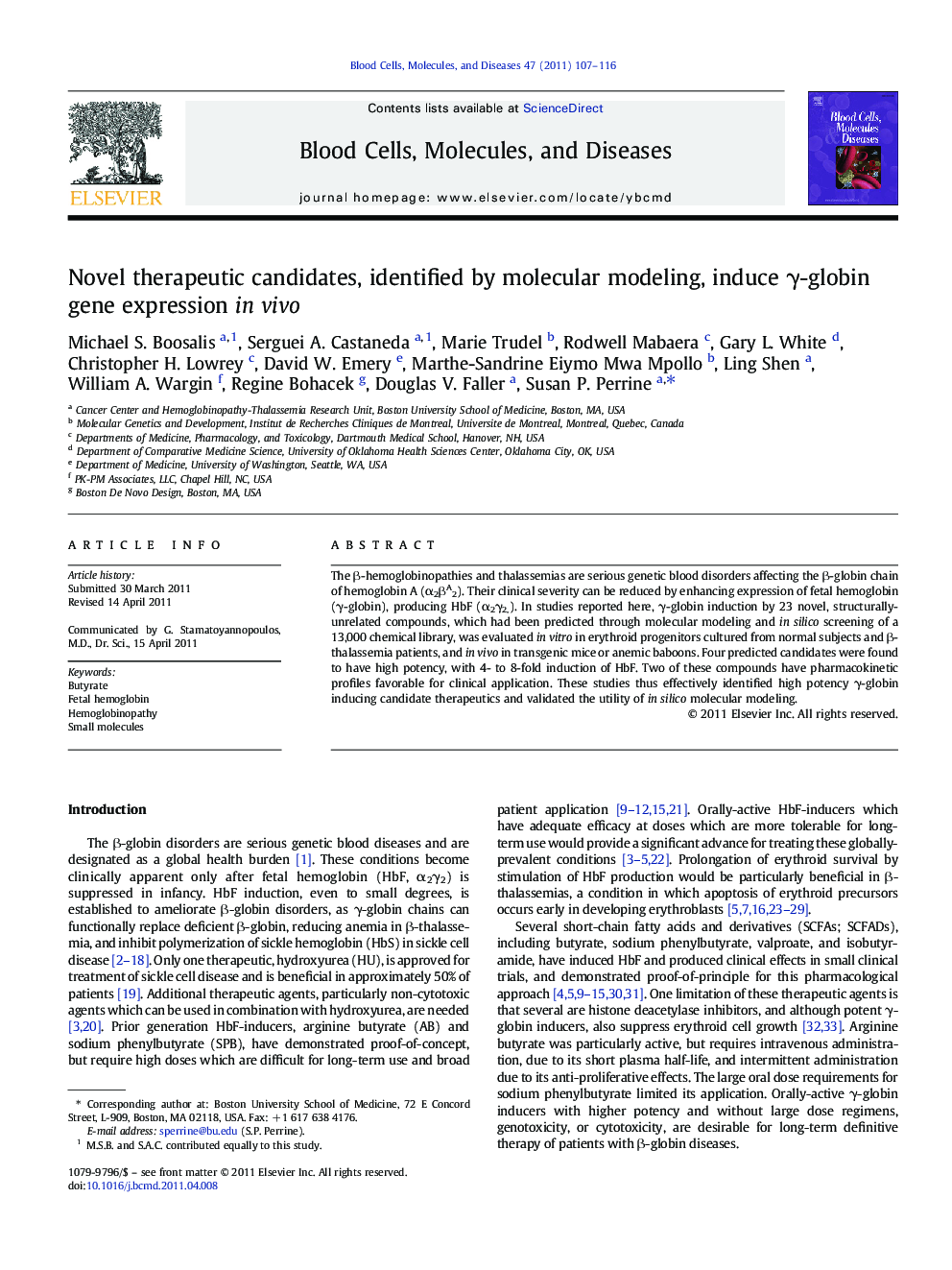 Novel therapeutic candidates, identified by molecular modeling, induce γ-globin gene expression in vivo