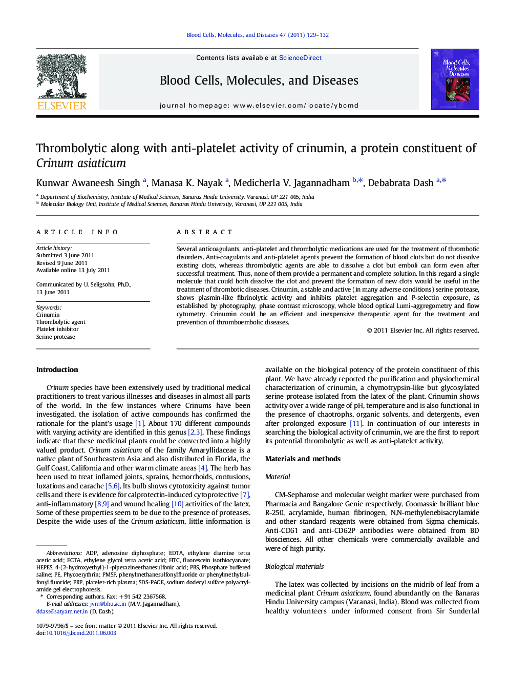 Thrombolytic along with anti-platelet activity of crinumin, a protein constituent of Crinum asiaticum