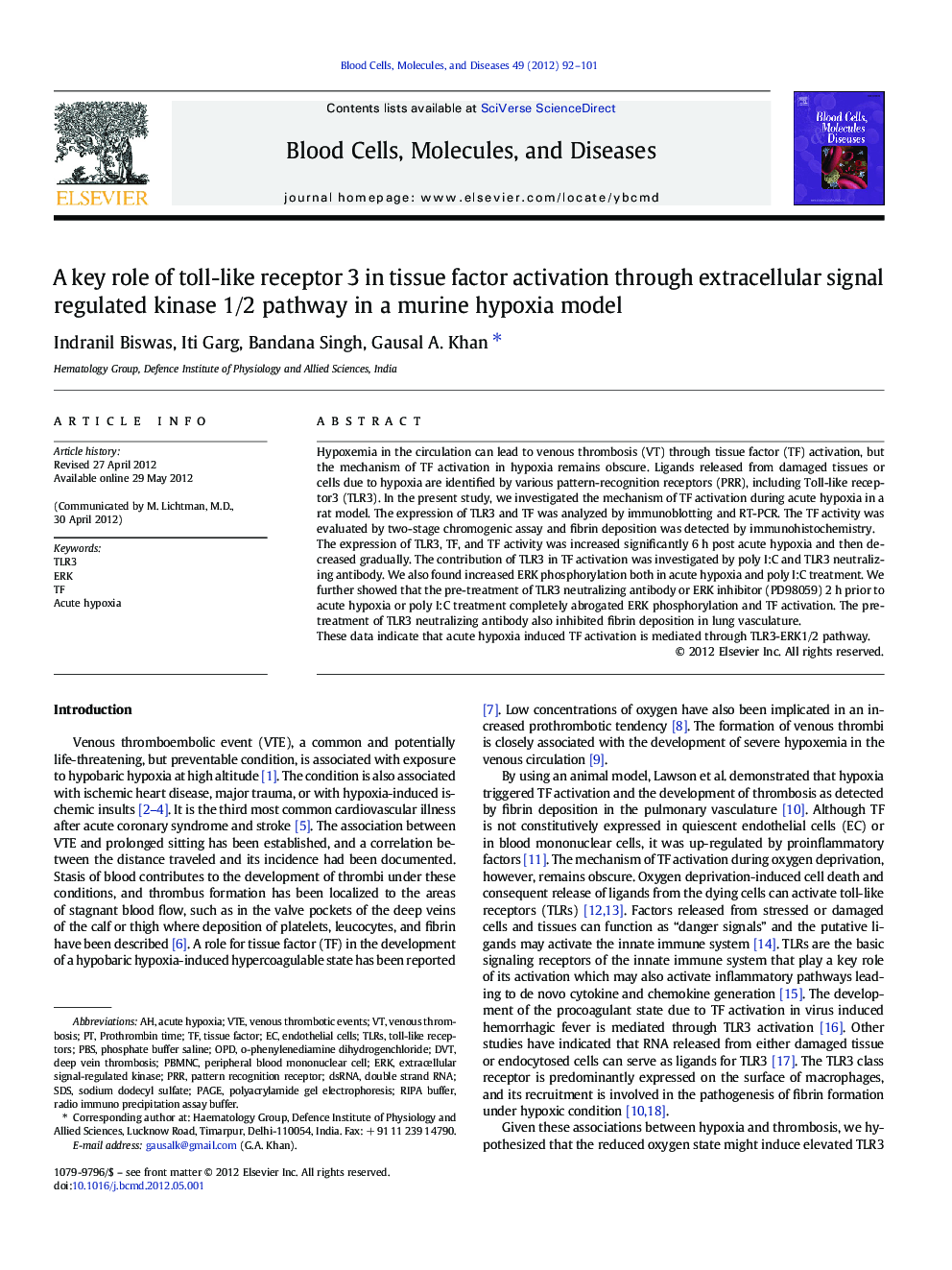 A key role of toll-like receptor 3 in tissue factor activation through extracellular signal regulated kinase 1/2 pathway in a murine hypoxia model