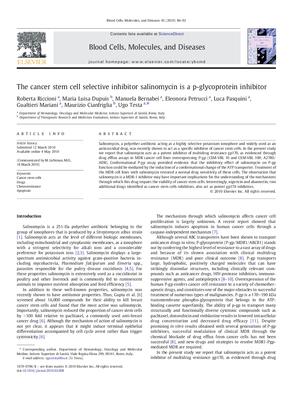 The cancer stem cell selective inhibitor salinomycin is a p-glycoprotein inhibitor