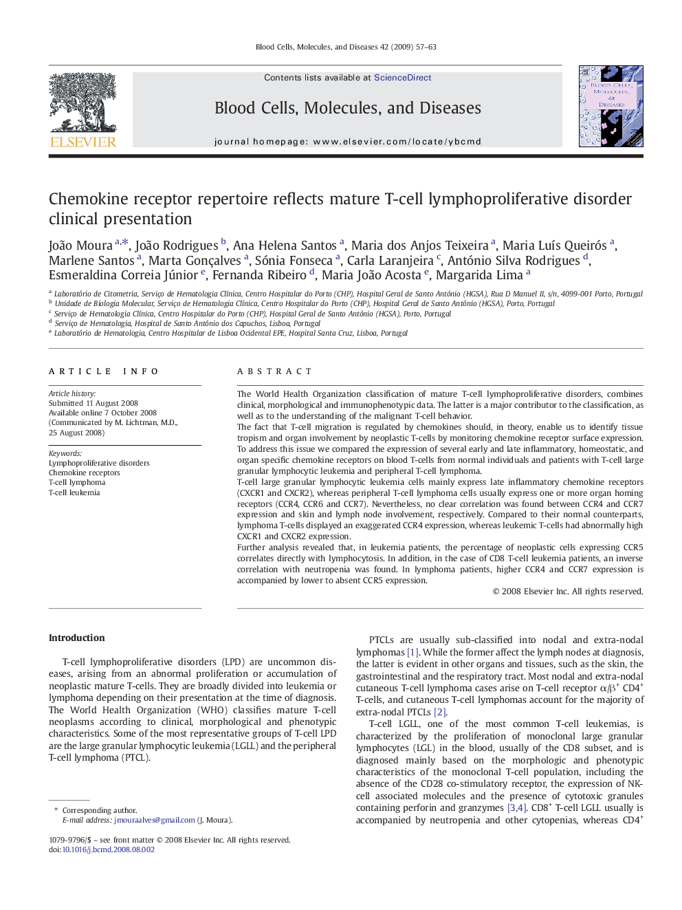 Chemokine receptor repertoire reflects mature T-cell lymphoproliferative disorder clinical presentation