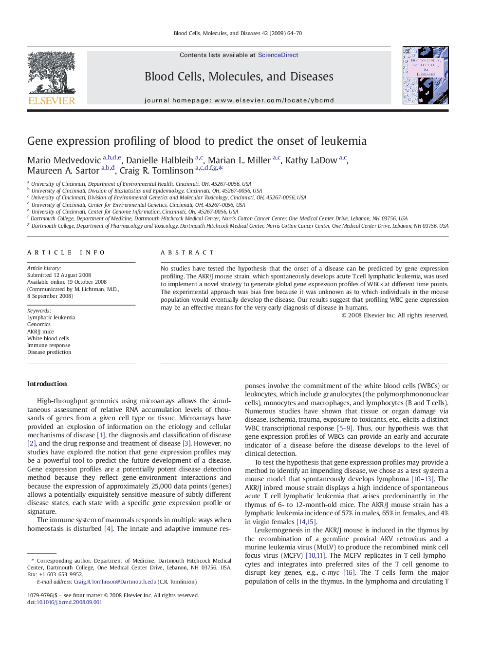 Gene expression profiling of blood to predict the onset of leukemia