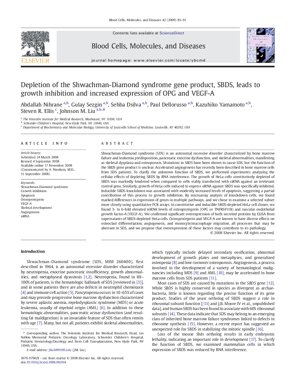 Depletion of the Shwachman-Diamond syndrome gene product, SBDS, leads to growth inhibition and increased expression of OPG and VEGF-A