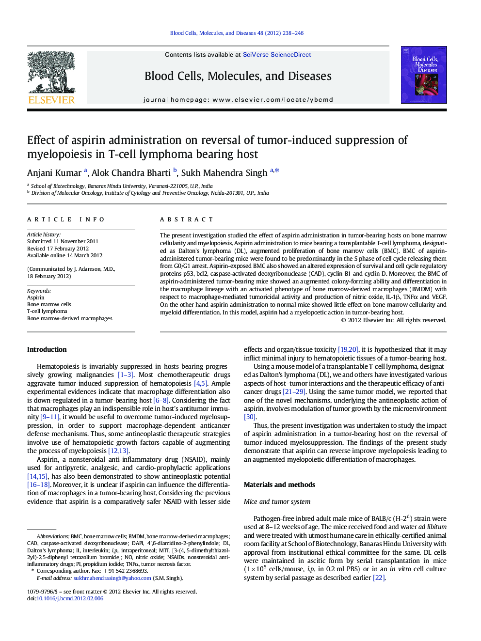 Effect of aspirin administration on reversal of tumor-induced suppression of myelopoiesis in T-cell lymphoma bearing host