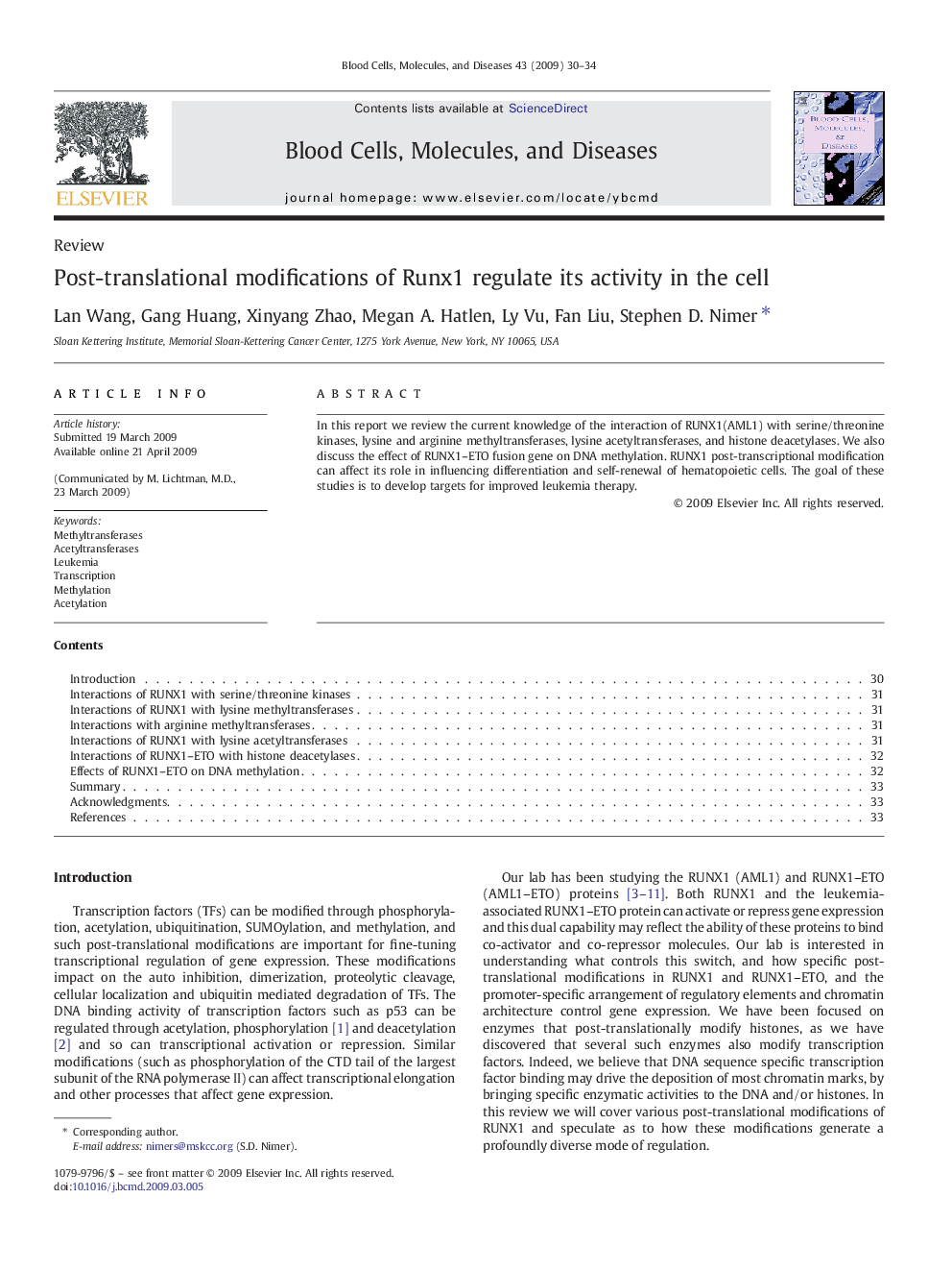 Post-translational modifications of Runx1 regulate its activity in the cell