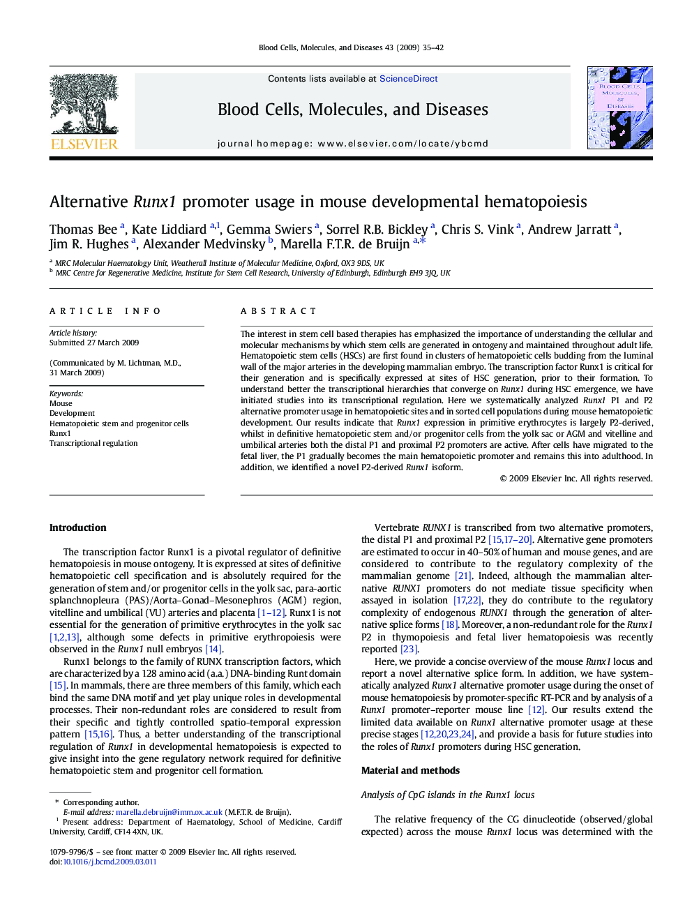 Alternative Runx1 promoter usage in mouse developmental hematopoiesis