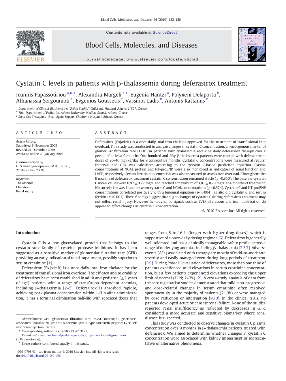 عکس صفحه اول مقاله: Cystatin C levels in patients with β-thalassemia during deferasirox treatment Cystatin C levels in patients with β-thalassemia during deferasirox treatment