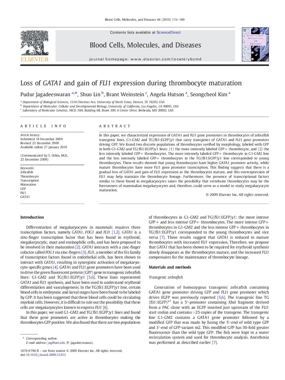 Loss of GATA1 and gain of FLI1 expression during thrombocyte maturation