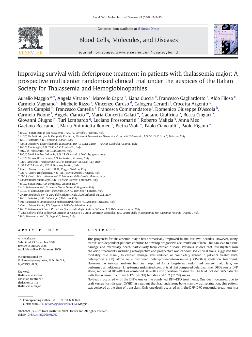 Improving survival with deferiprone treatment in patients with thalassemia major: A prospective multicenter randomised clinical trial under the auspices of the Italian Society for Thalassemia and Hemoglobinopathies