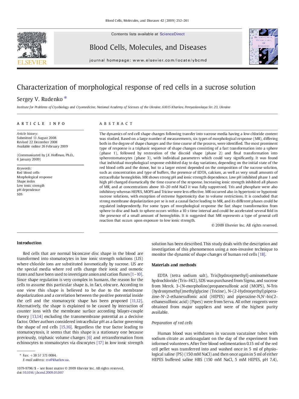 Characterization of morphological response of red cells in a sucrose solution