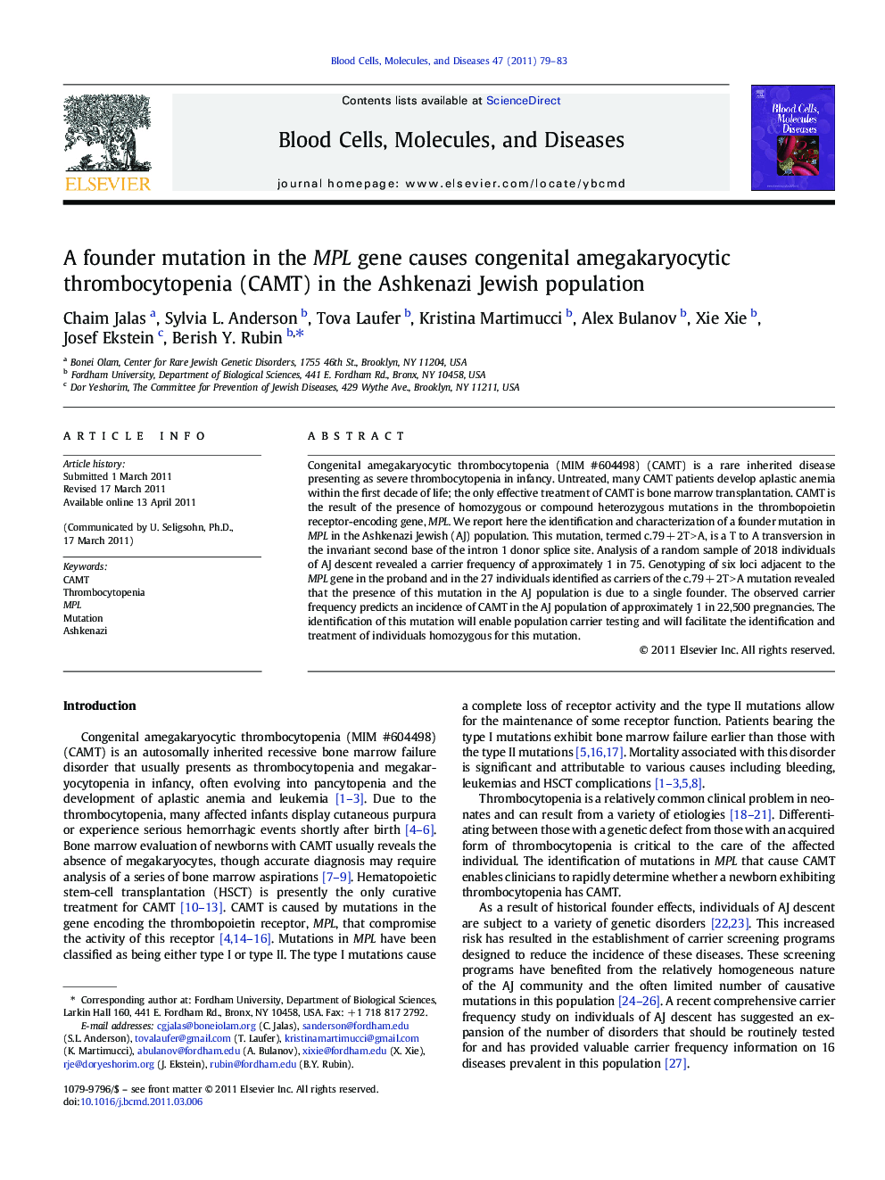 A founder mutation in the MPL gene causes congenital amegakaryocytic thrombocytopenia (CAMT) in the Ashkenazi Jewish population