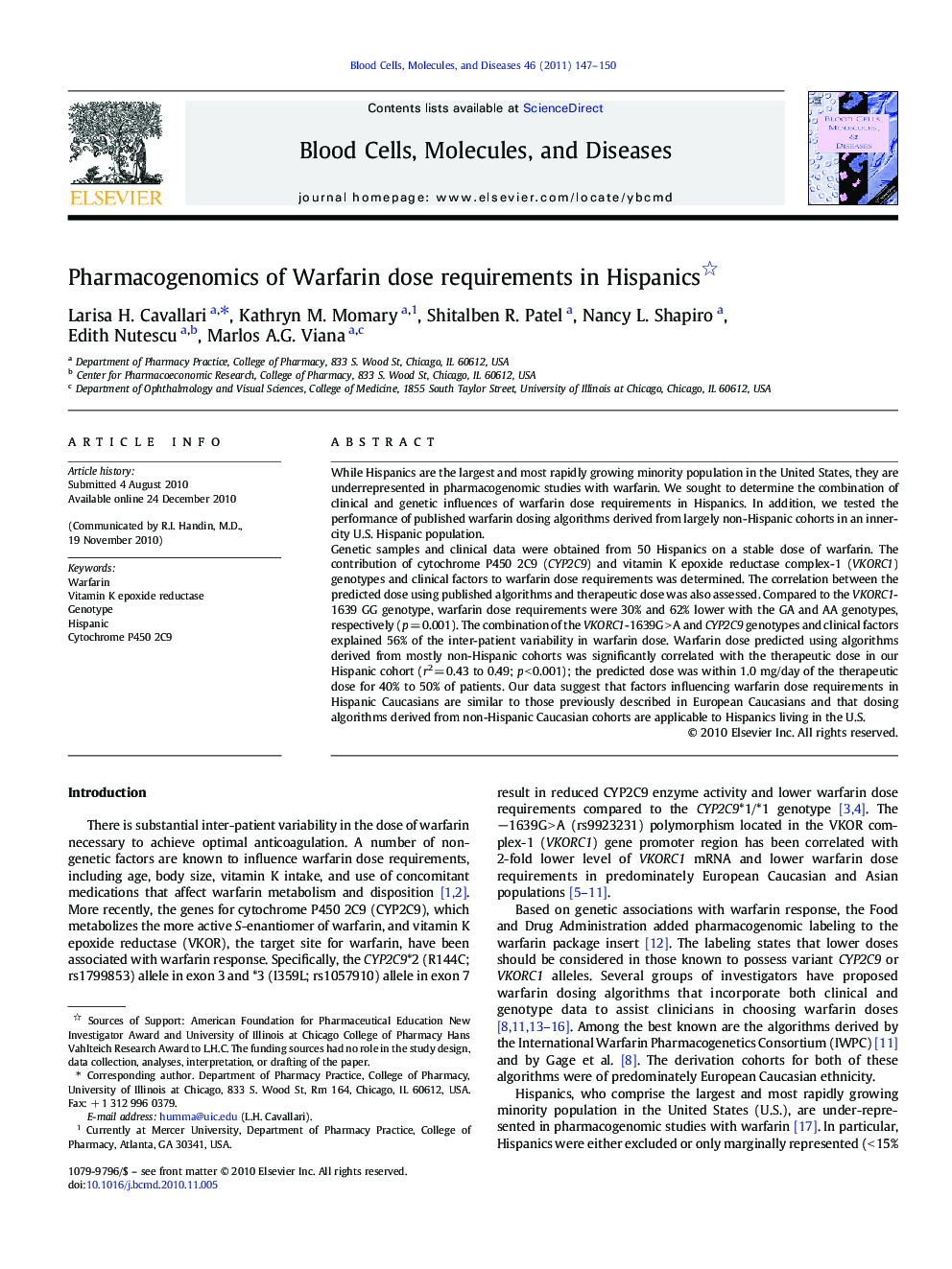 Pharmacogenomics of Warfarin dose requirements in Hispanics 