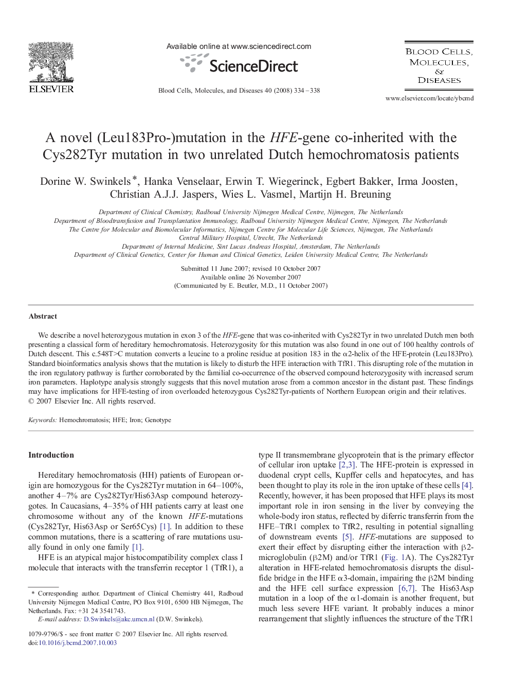 A novel (Leu183Pro-)mutation in the HFE-gene co-inherited with the Cys282Tyr mutation in two unrelated Dutch hemochromatosis patients