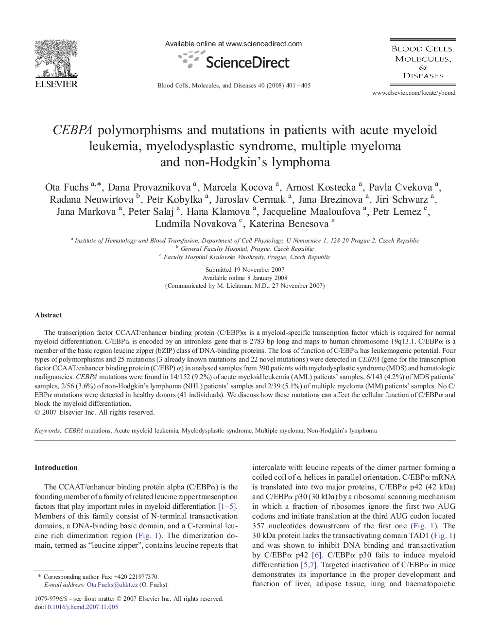 CEBPA polymorphisms and mutations in patients with acute myeloid leukemia, myelodysplastic syndrome, multiple myeloma and non-Hodgkin's lymphoma