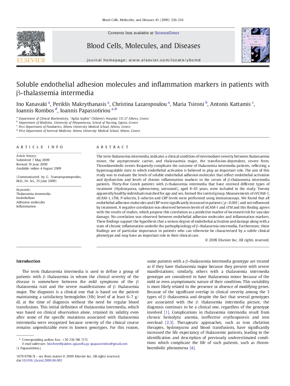 Soluble endothelial adhesion molecules and inflammation markers in patients with β-thalassemia intermedia