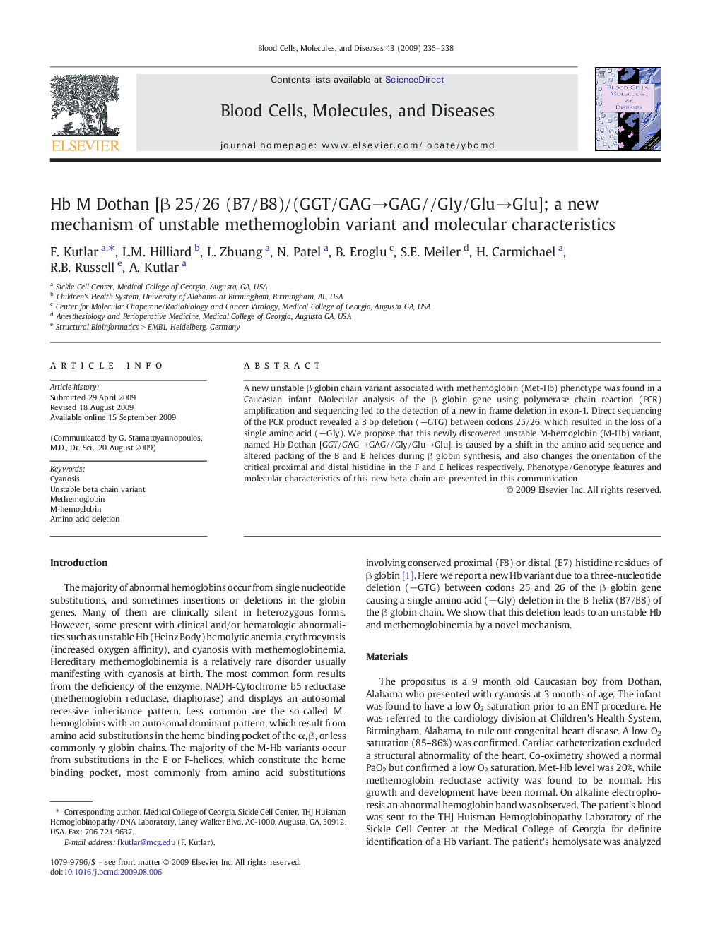 Hb M Dothan [β 25/26 (B7/B8)/(GGT/GAG→GAG//Gly/Glu→Glu]; a new mechanism of unstable methemoglobin variant and molecular characteristics