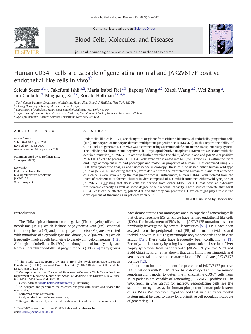 Human CD34+ cells are capable of generating normal and JAK2V617F positive endothelial like cells in vivo 