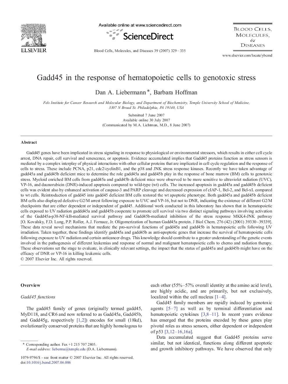 Gadd45 in the response of hematopoietic cells to genotoxic stress