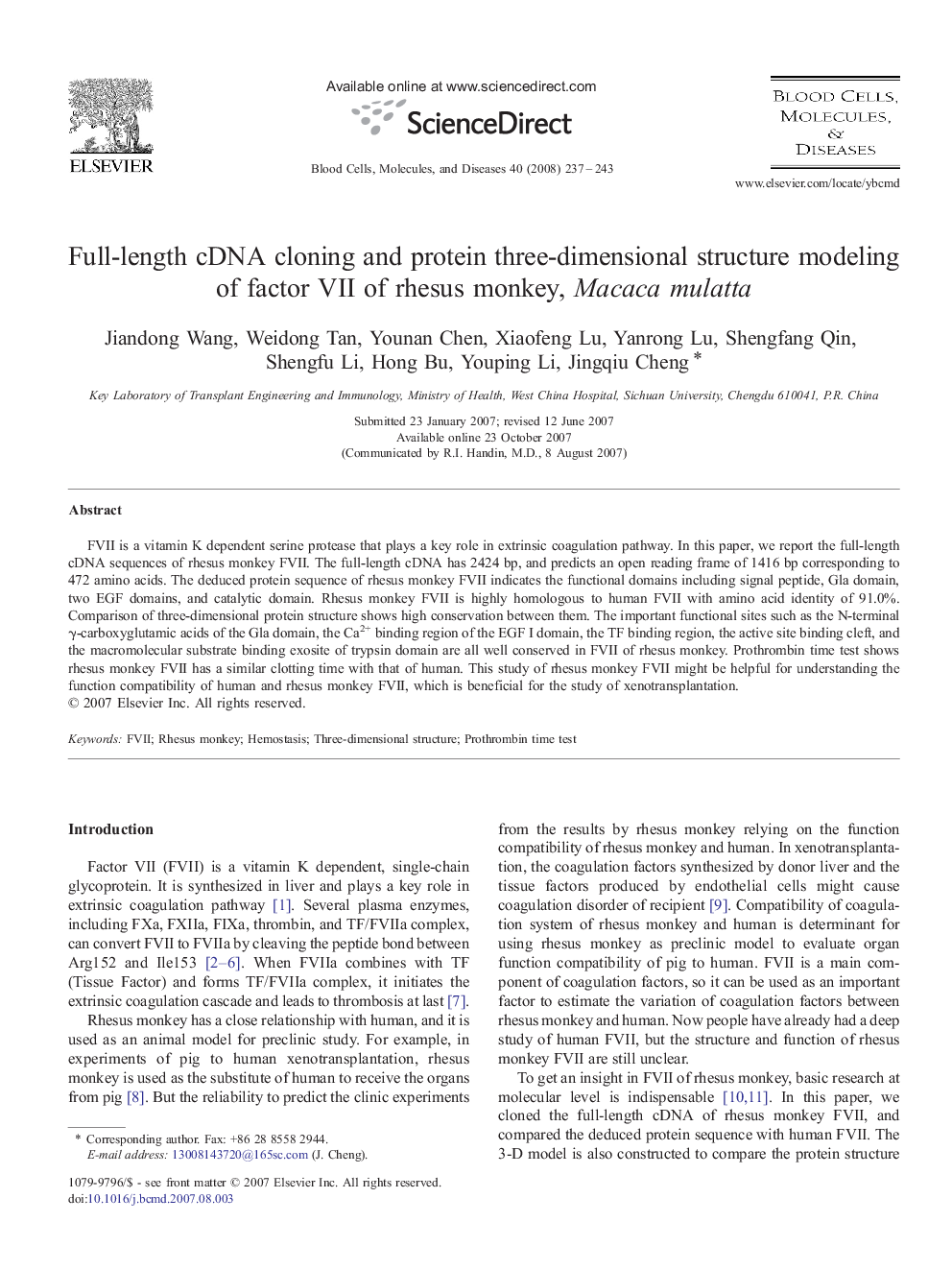 Full-length cDNA cloning and protein three-dimensional structure modeling of factor VII of rhesus monkey, Macaca mulatta