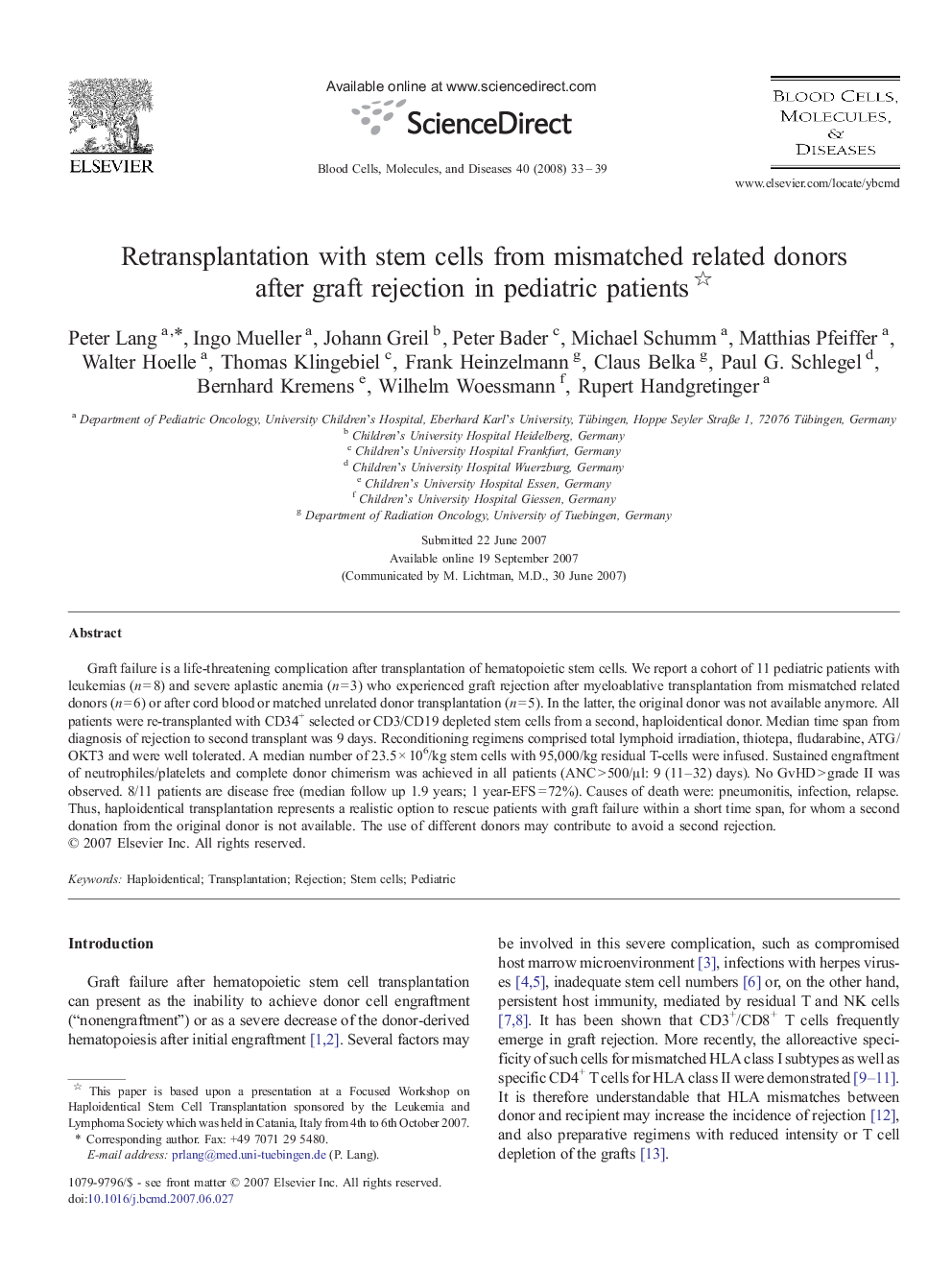 Retransplantation with stem cells from mismatched related donors after graft rejection in pediatric patients 