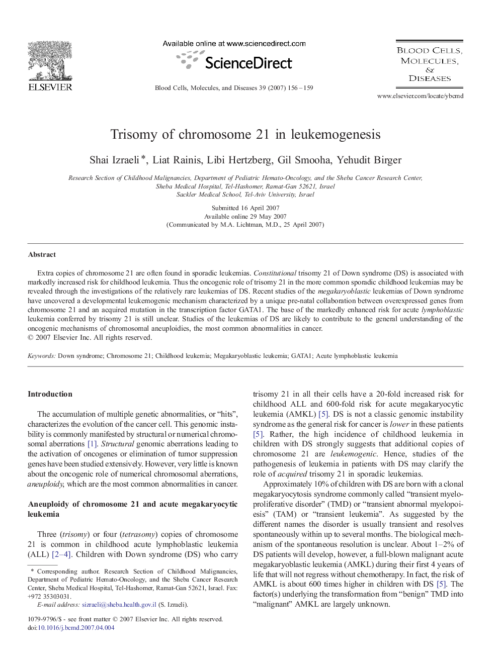 Trisomy of chromosome 21 in leukemogenesis