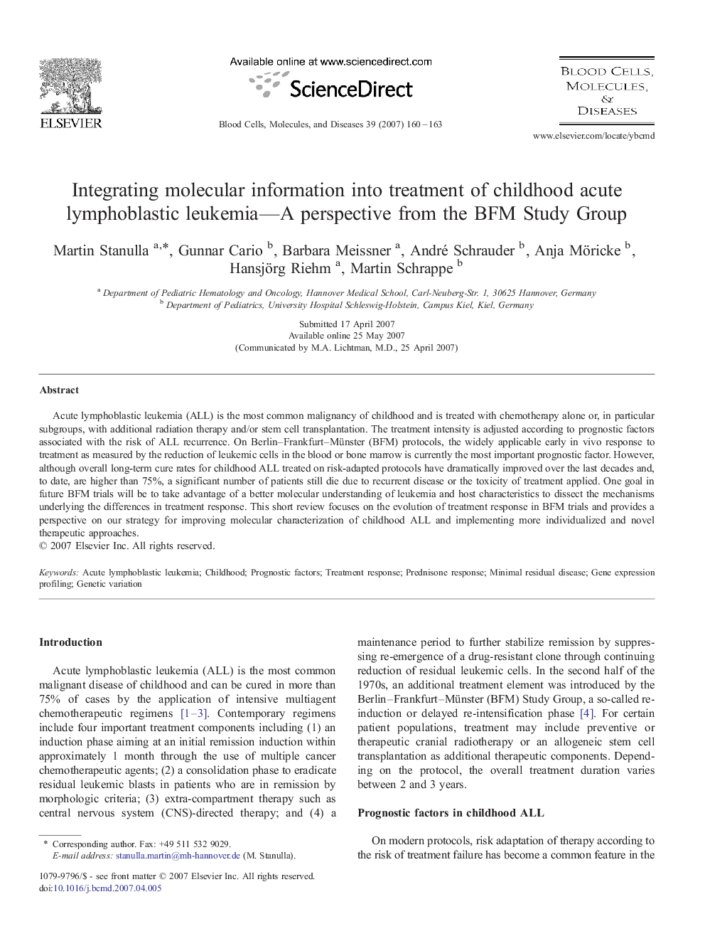 Integrating molecular information into treatment of childhood acute lymphoblastic leukemia—A perspective from the BFM Study Group