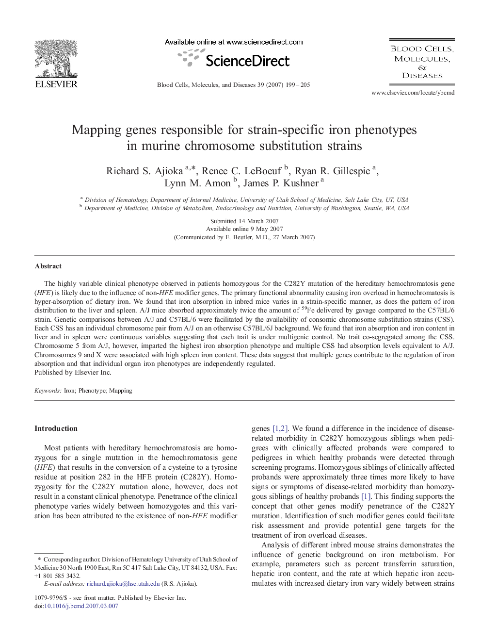 Mapping genes responsible for strain-specific iron phenotypes in murine chromosome substitution strains