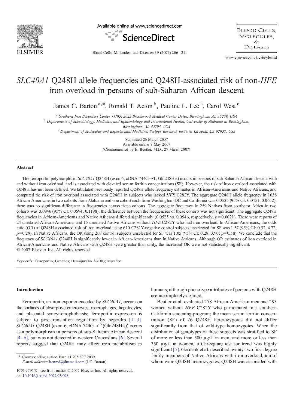 SLC40A1 Q248H allele frequencies and Q248H-associated risk of non-HFE iron overload in persons of sub-Saharan African descent